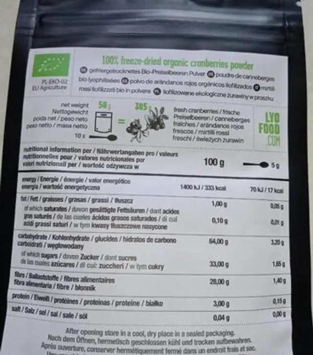 Poudre  canneberges nutrition facts table