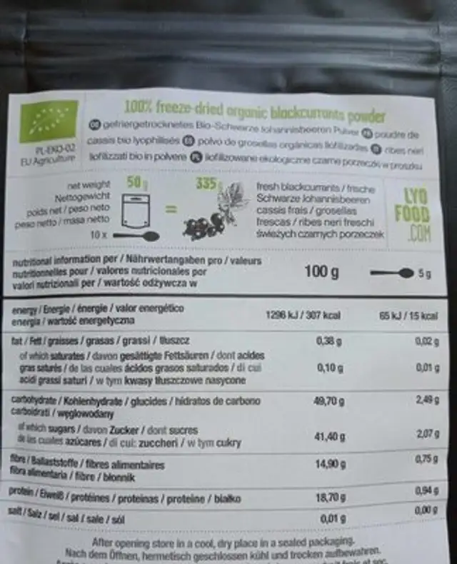 Poudre cassis nutrition facts table