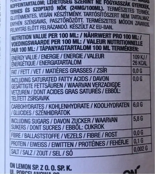Yerbata, Pomegranate nutrition facts table