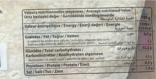 Mexican tortilla nutrition facts table
