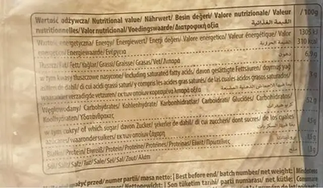 Sultan’s tortilla nutrition facts table