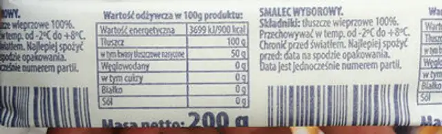 Smalec Wyborowy ingredients label