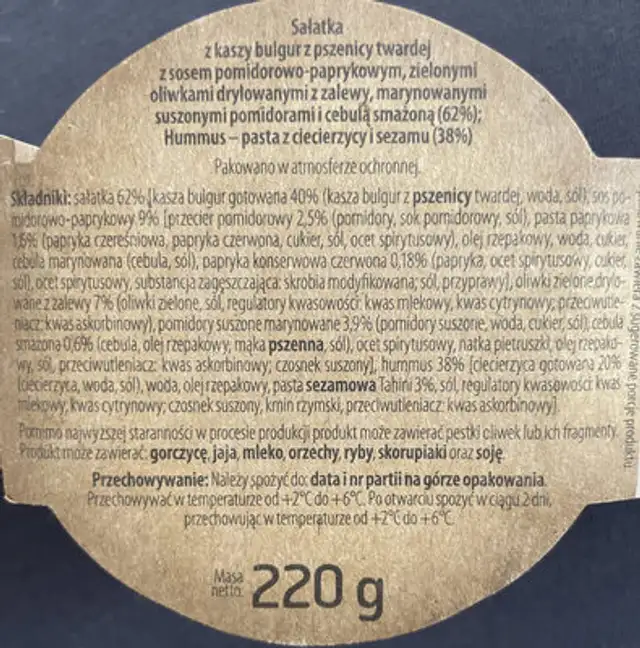 Sałatka bulgur ingredients label