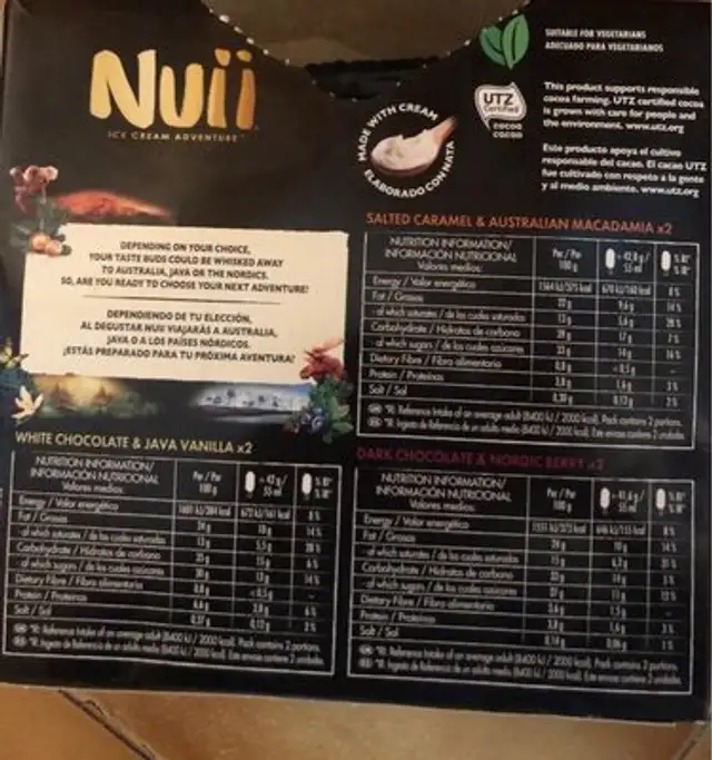 Mini ice cream adventure nutrition facts table