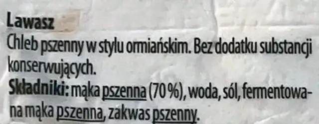 Lawasz Ormiański ingredients label