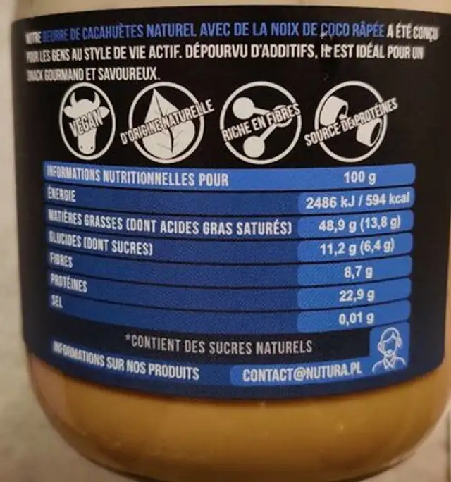 Beurre de cacahuètes coco nutrition facts table