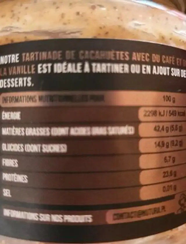 Tartinade cacahuètes vanille café nutrition facts table