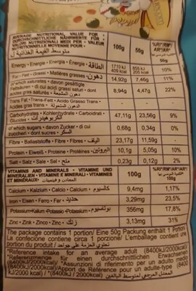 Pop-corn bio nutrition facts table