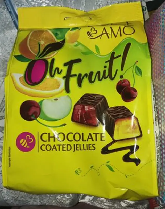Chocolate coated jellies front packaging