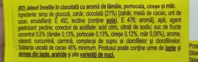 Chocolate coated jellies ingredients label