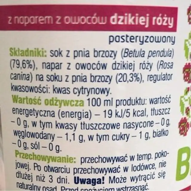 Sok z brzozy z naparem z dzikiej rozy nutrition facts table