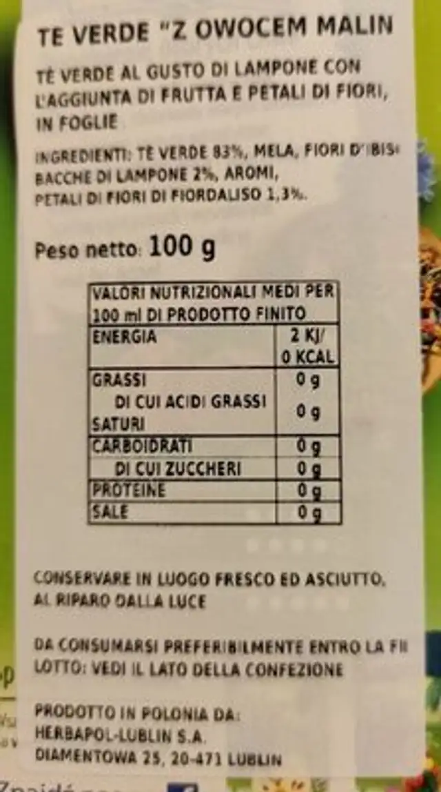 Herbata Bio-active Li Zielona Z Owoc Malin 100G nutrition facts table