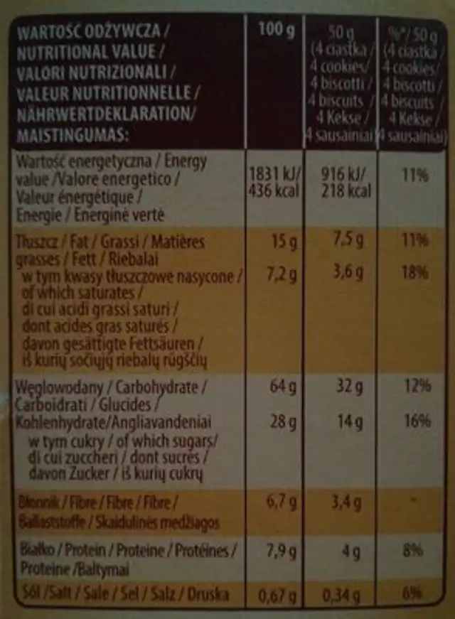 Biscotti multicereali con cioccolato e cacao nutrition facts table
