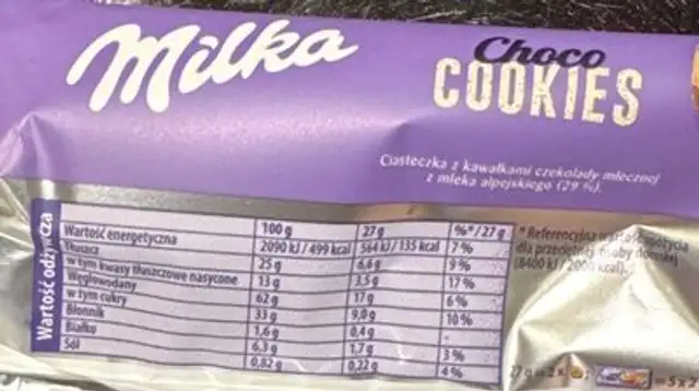 Pieguski Chico Cookies nutrition facts table