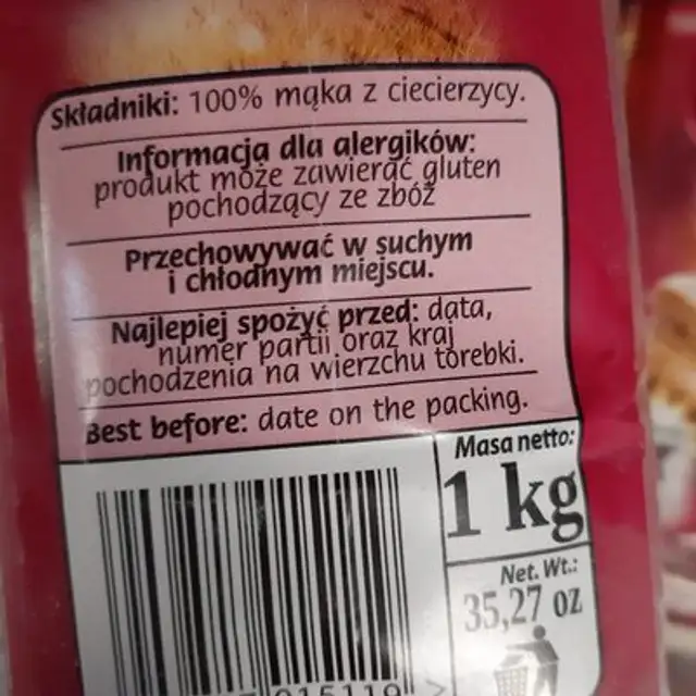 Mąka z ciecierzycy ingredients label