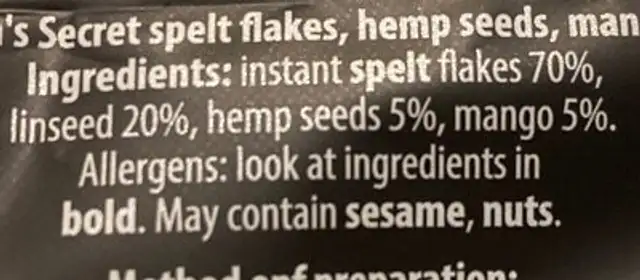 Men's secret nutrition facts table