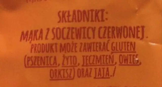 Makaron z soczewicy czerwonej ingredients label