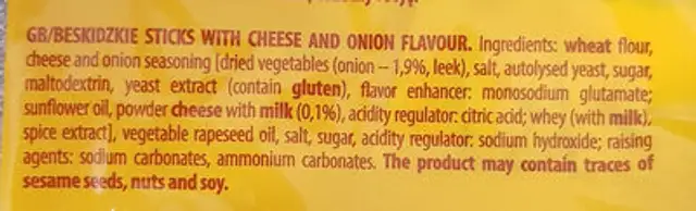 Aksam Beskidzkie Sticks with Cheese ingredients label