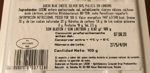 Queso Blue cheese Silver 50%MG/ES en lonchas nutrition facts table
