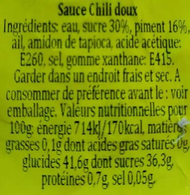 Sauce Chili doux nutrition facts table