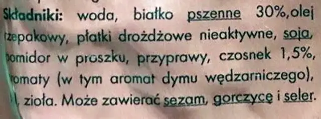 Bezmięsny boczek w stylu węgierskim z czosnkiem ingredients label