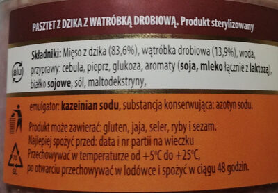 Pasztet z dzika z wątróbką drobiową ingredients label