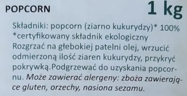 Ekologiczny popcorn ingredients label