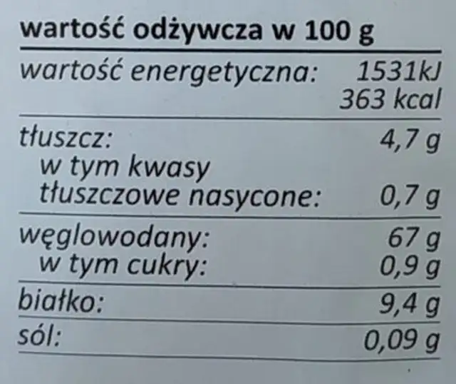 Ekologiczny popcorn nutrition facts table