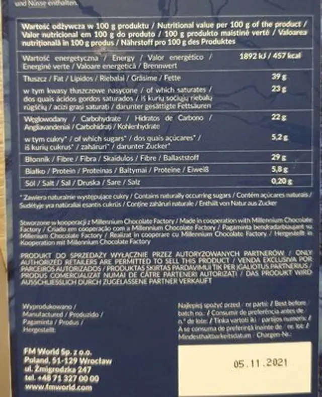 Milk chocolate nutrition facts table