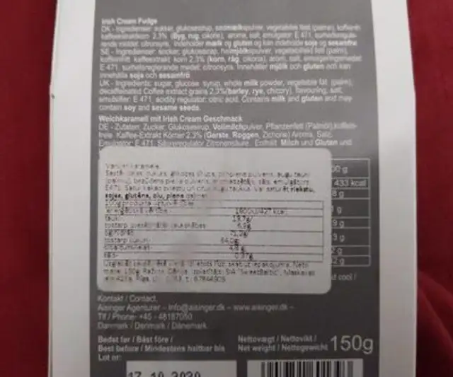 Original Irish Cream Fudge nutrition facts table