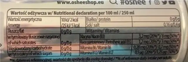 Oshee vitamin zero sugar nutrition facts table