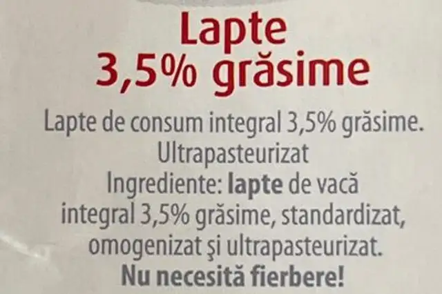 Lapte dorna 3,5 UHT ingredients label