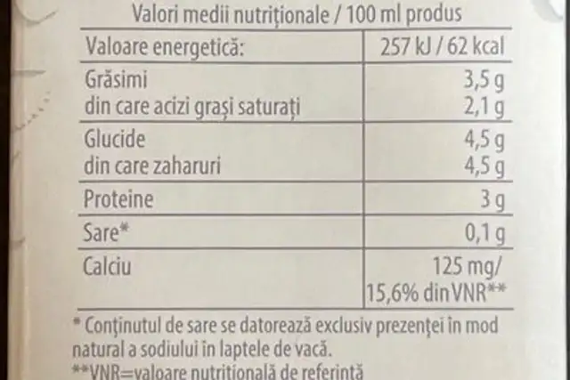 Lapte dorna 3,5 UHT nutrition facts table