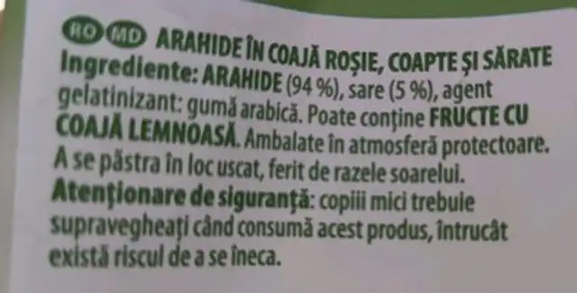 Arahide in Coajă Roșie, Coapte și Sărate ingredients label