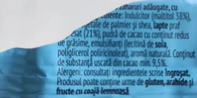 TABLETĂ CU LAPTE FĂRĂ ZAHARURI ADĂUGATE CU ÎNDULCITOR ingredients label