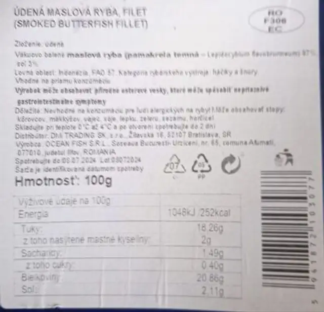 smoked butterfish fillet ingredients label