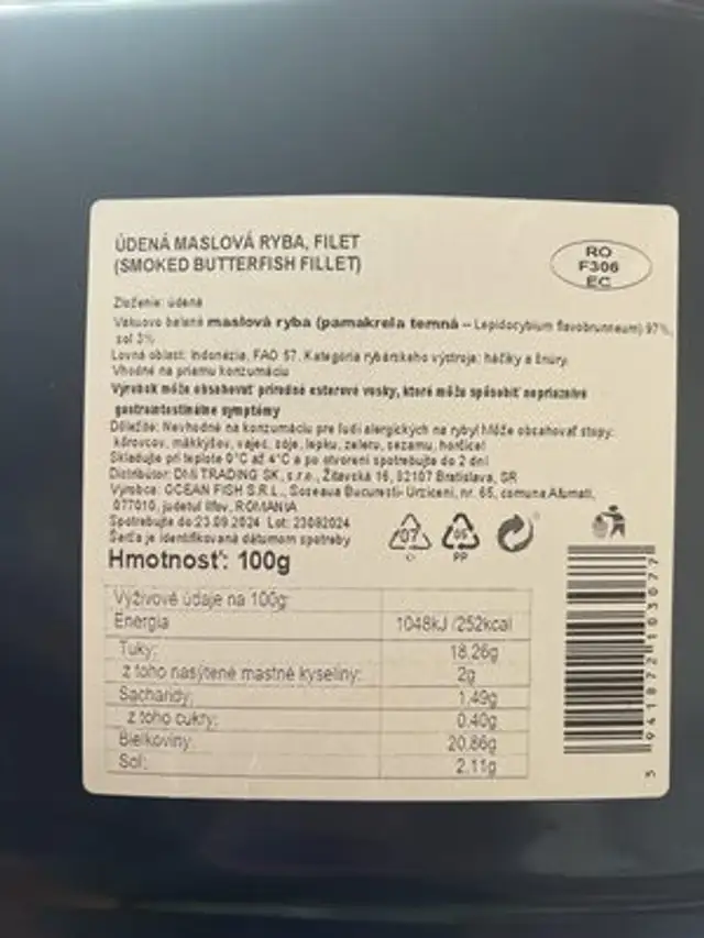 smoked butterfish fillet nutrition facts table