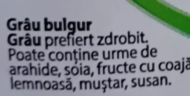 Bulgur ingredients label