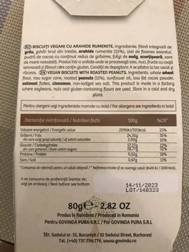 Biscuiti Vegani Cu Arahide nutrition facts table