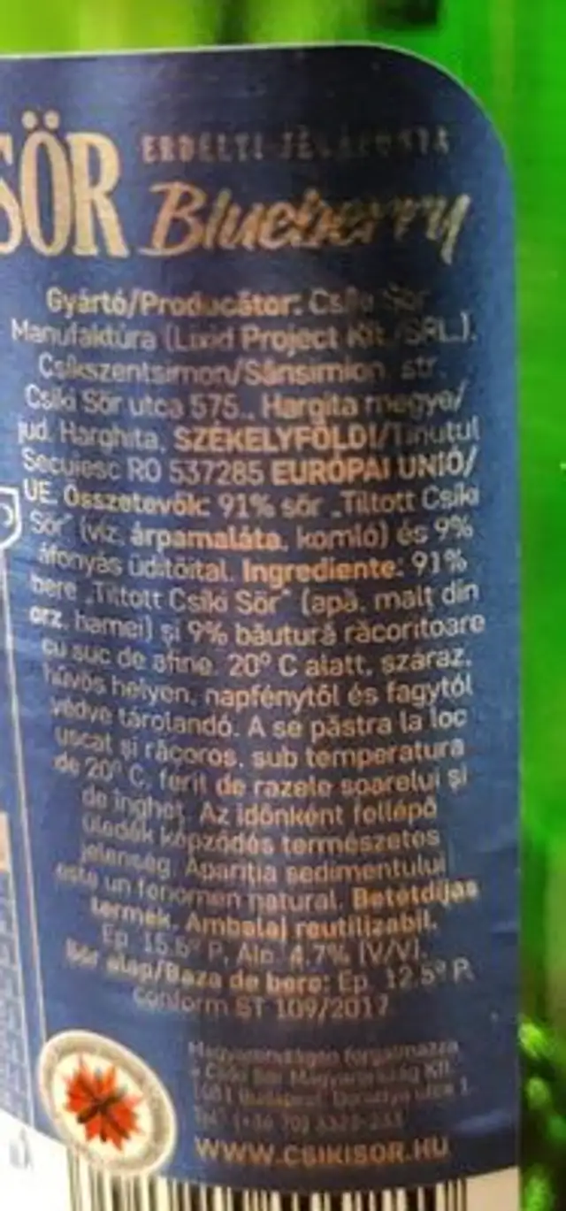 Csíkisör Blueberry ingredients label