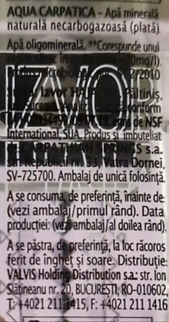 Aqua Carpatica ingredients label