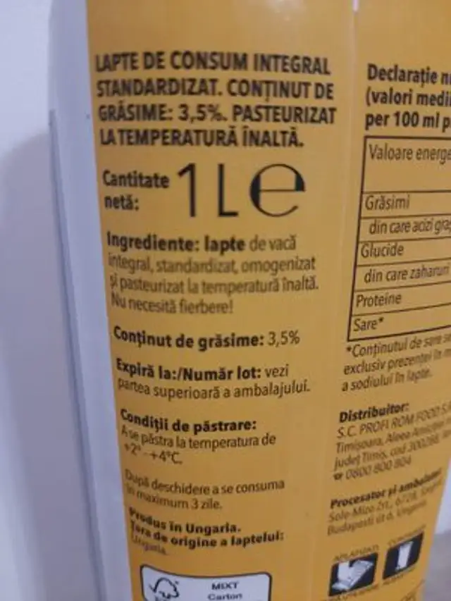 Lapte de consum 3.5% grasime ingredients label