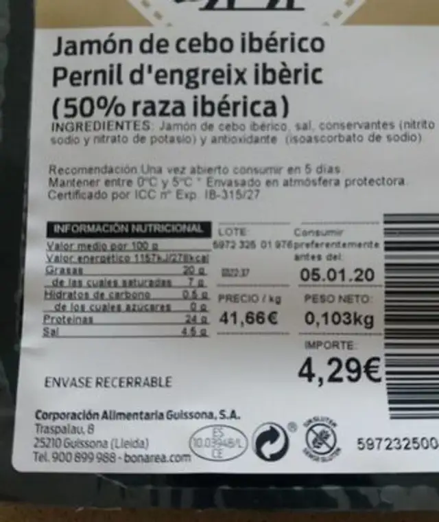 Jamón de cebo ibérico nutrition facts table
