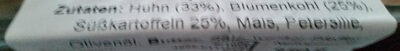 Huhn mit Kartoffelpüree und Süßkartoffel ingredients label