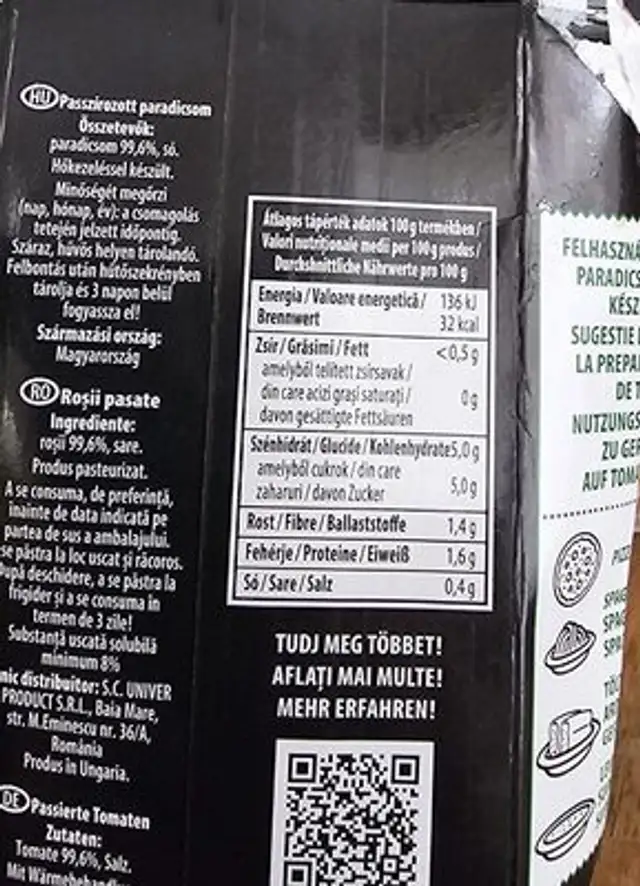 Passata - Passzírozott Paradicsom nutrition facts table