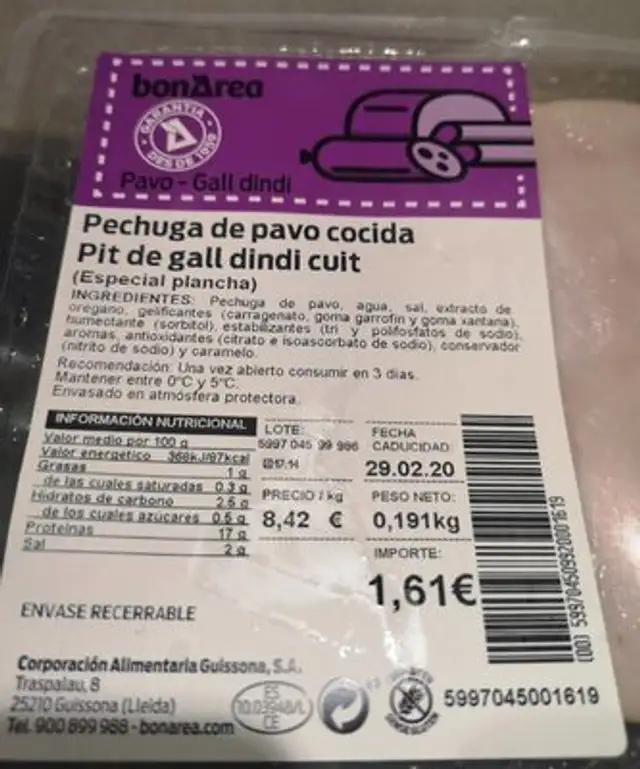 Pechuga de pavo cocida nutrition facts table