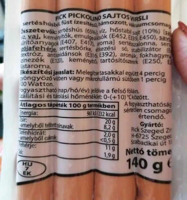 pickolino sajtos virsli ingredients label
