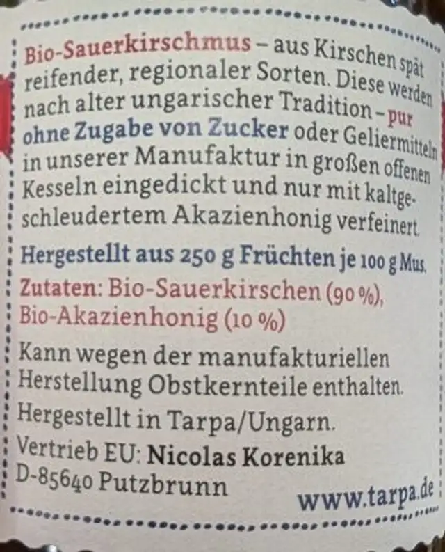 Sauerkirschmus ingredients label