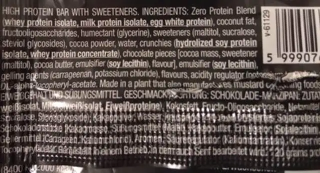 Zero Bar ingredients label