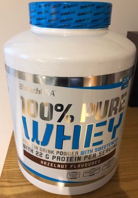 100% pure whey hazelnut flavoured front packaging